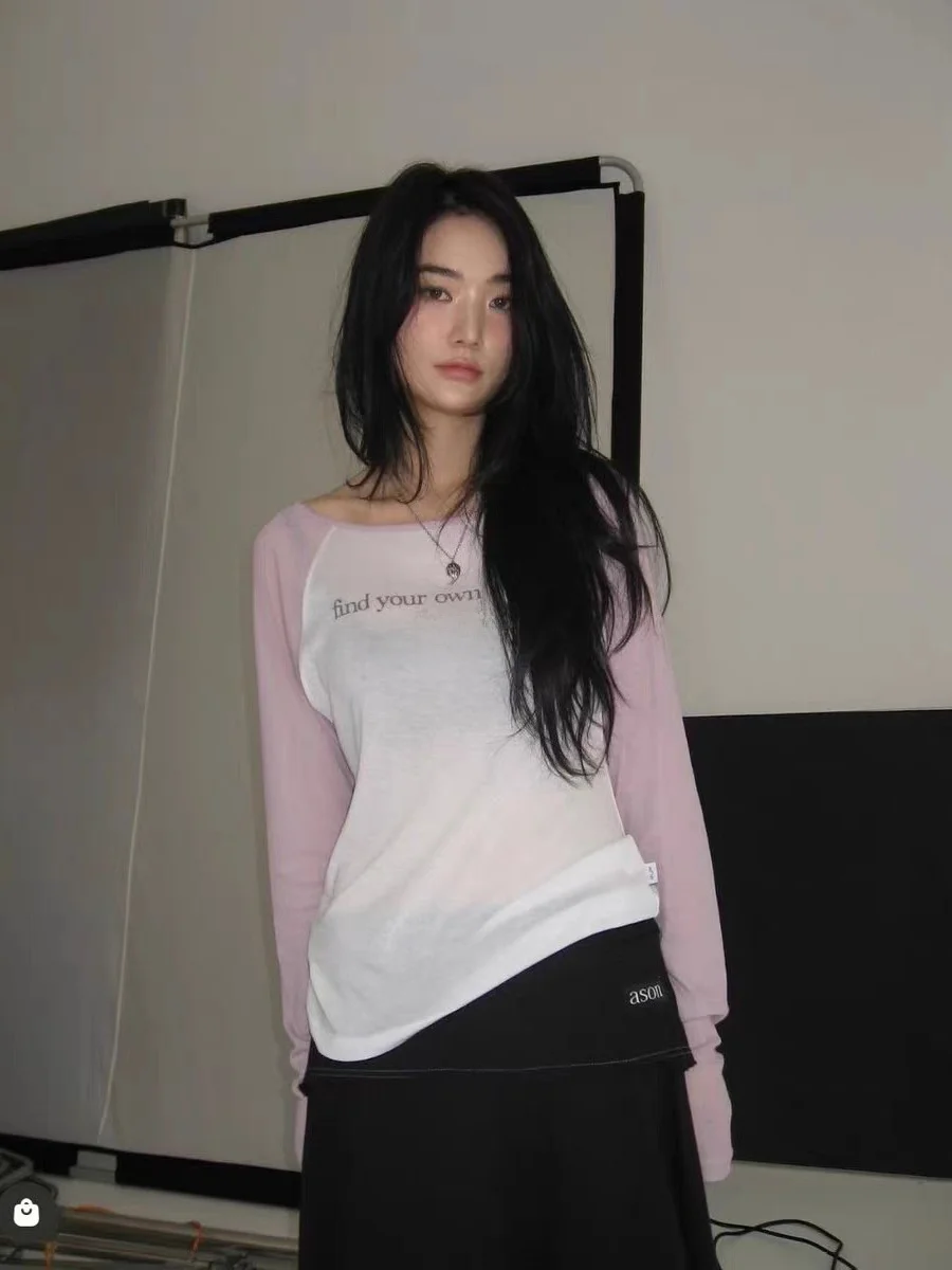 

Облегающая длинная футболка Sve, женская футболка с буквенным принтом, корейская мода, осеннее новое поступление, повседневный топ Dongdaemun Xu Mengjie