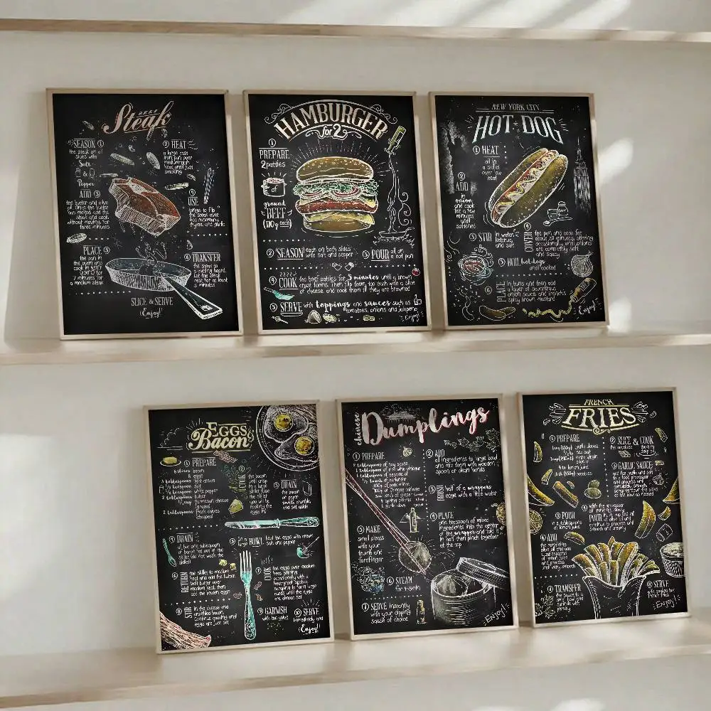 Póster de receta de cocina de comida clásica, arte autoadhesivo, pegatina de papel impermeable, decoración de pared de habitación, Bar y cafetería