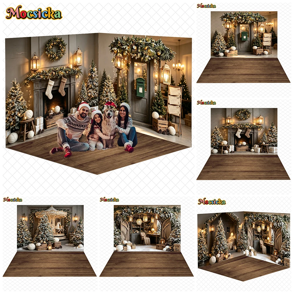 Mocsicka Christmas Tree Photography Background Winter Cottage Snow Lamp Indoor Scene Backdrop Studio Portrait Photoshoot Decors