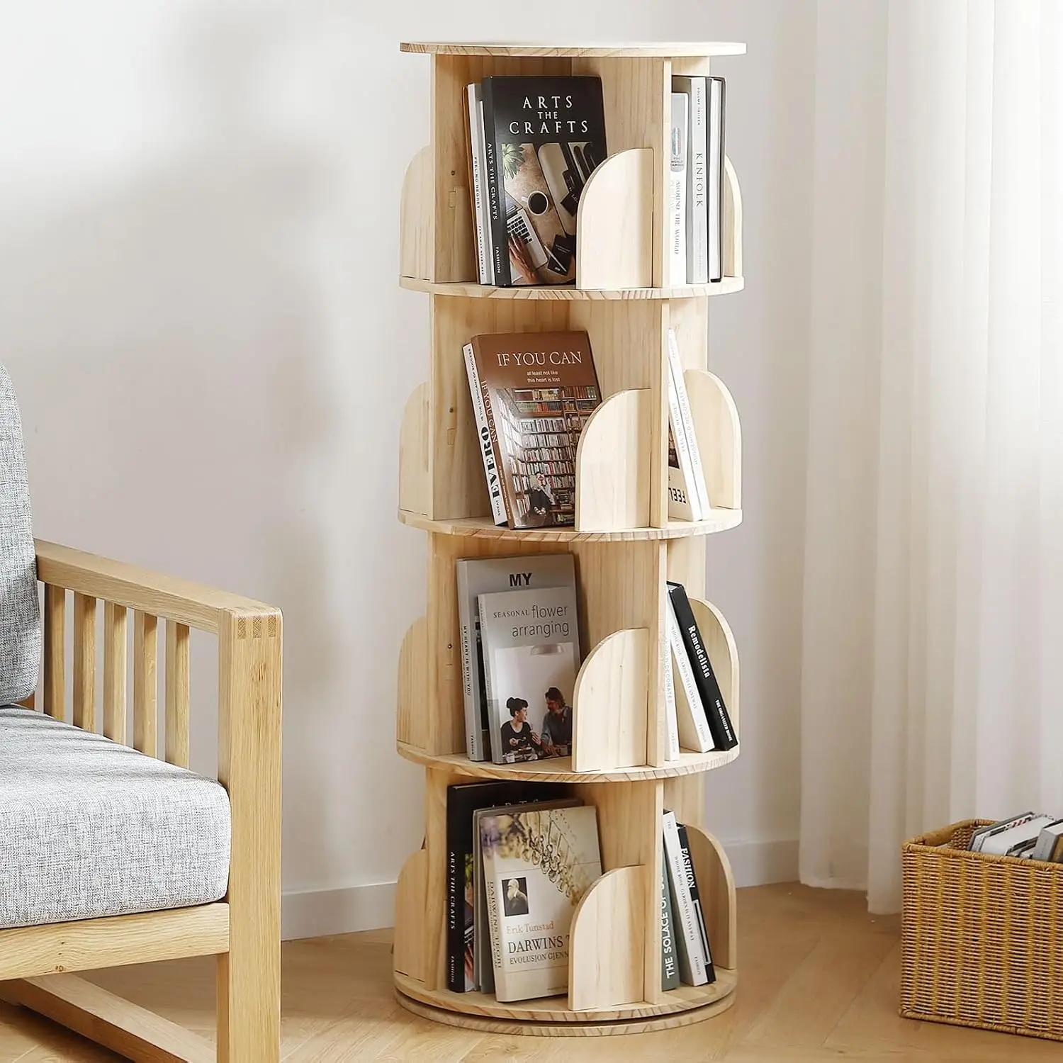 Rotating Bookshelf 360-degree Display Floor-type Bookshelf Children's Room Solid Wood Bookshelf