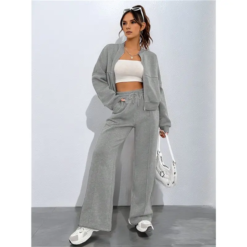 ABRT-Women's 2 Piece Outfits Sweatsuit Zip Up Long Sleeve Sweatshirt With Wide Leg Sweatpants Gray L
