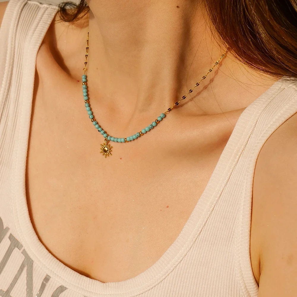 

Bohemia Stainless Steel Turquoise Sun Pendant Necklace For Seaside Beach Women Waterproof Jewelry Vacation Gift