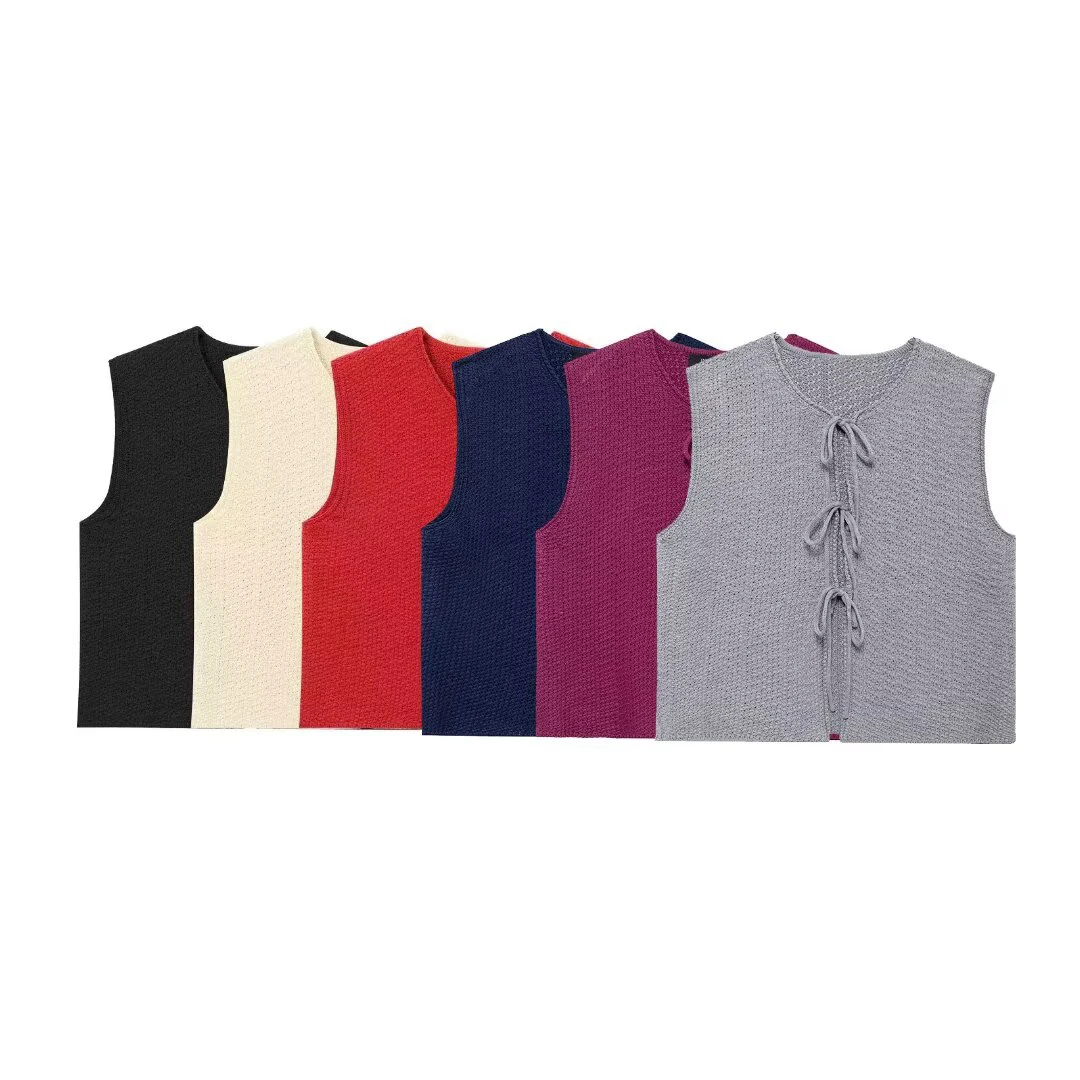 

Fashion Knitted Vest Women Butterfly Knot Small V-neck Sleeveless Waistcoat Female 2025 New Summer Chic Elegant Solid Crop Tops