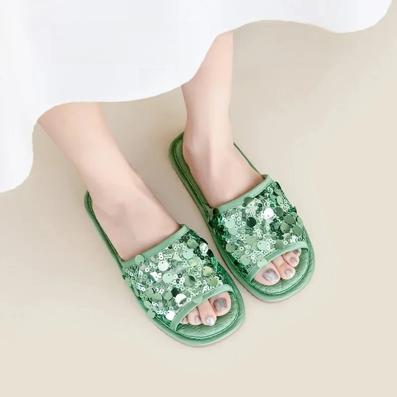 

Summer Sweet Glitter Slippers for Women with Cloth Fabric Rubber Sole Lightweight Fashionable Elegant for All Seasons Home Wear