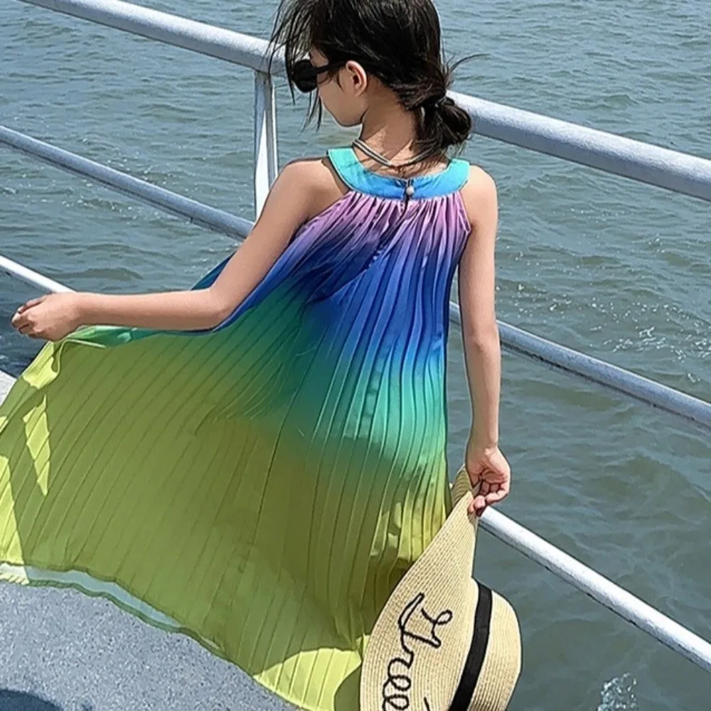 Dziecięca sukienka bez rękawów na wakacje na plaży, falbanki, szelki, plisowana, gradient kolorów, długa.