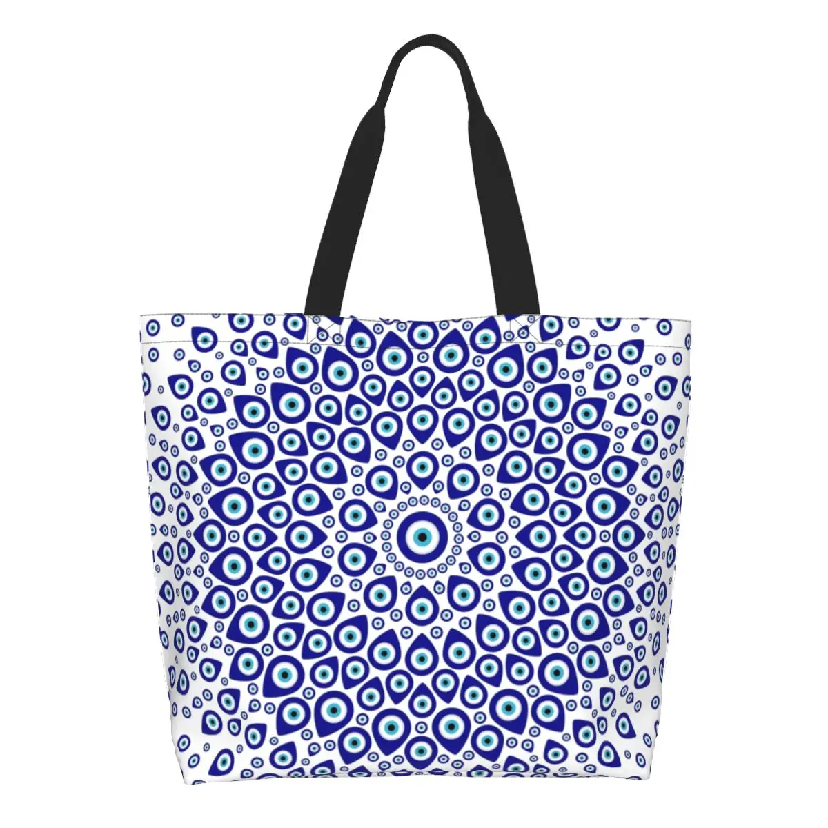 

Nazar Turkish Eye Circular Ornament Grocery Shopping Bag Canvas Shopper Tote Shoulder Bag Big Capacity Amulet Boho Hamsa Handbag