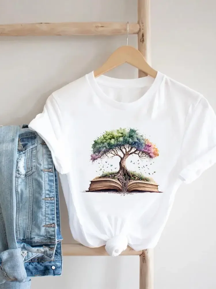

Lovely Vintage Style Book Cute Print T-shirt Short Sleeve Tee Top Women Fashion Casual Clothing Female Graphic T Shirt