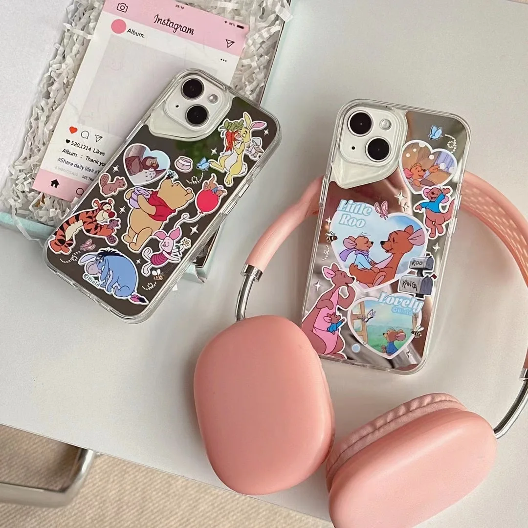 Disney Cartoon Cute Winnie the Pooh Love Kangaroo Luxury Mirror Phone Case For iPhone 15 14 13 12 Pro Max 3D Anime Protect Cover