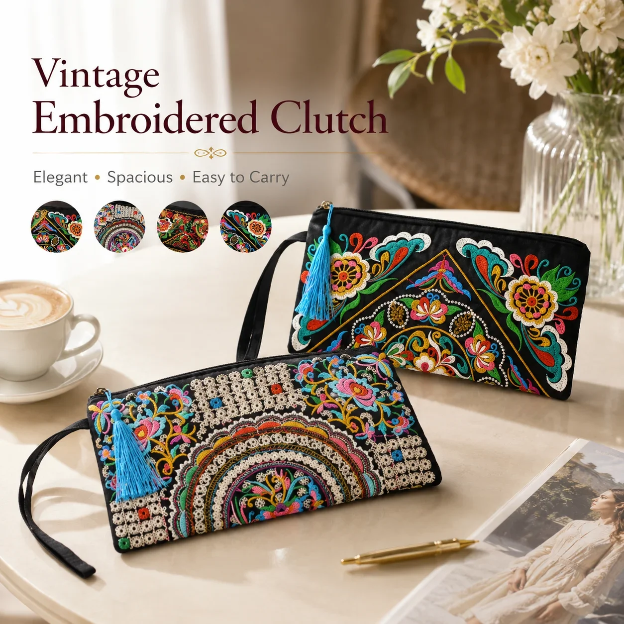 Vintage Ethnische Geldbörse mit großem Fassungsvermögen, bestickte lange Clutch für Damen, Abendtasche, Handy- und Münzbeutel