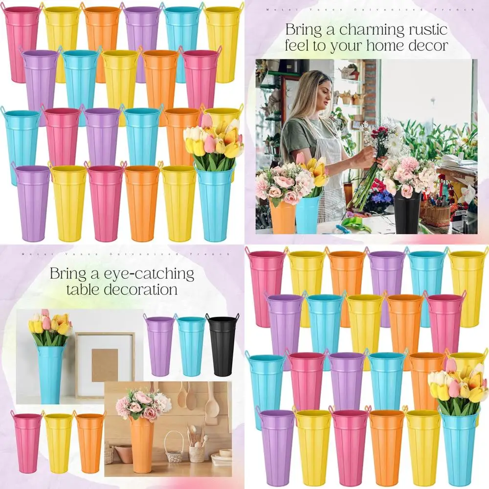 

Набор из 24 металлических ваз, 9-дюймовые оцинкованные ведра с ручками и пеньковой веревкой, винтажный стиль для центральных украшений стола на свадьбу или вечеринку