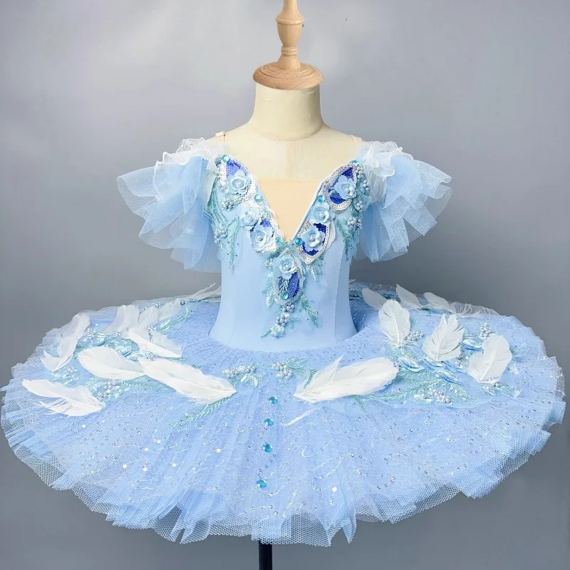 Vestido de actuación de tutú para niñas de gama alta, falda tutú profesional para danza del cisne para niños, falda de gasa hinchada decorada con plumas de alta gama