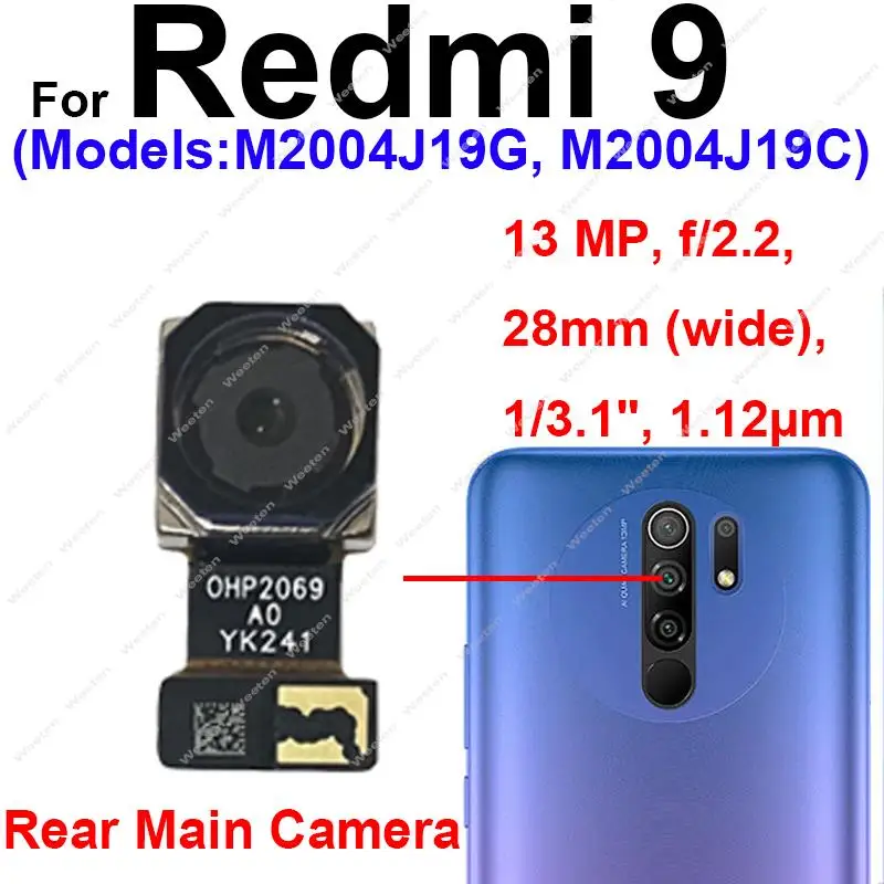 Front Rear Camera For Xiaomi Redmi 9 9A 9T 9C Front Selfie Facing Small Camera Big Back Main Camera Module Flex Cable Parts