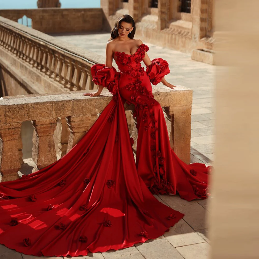 Abiti da fidanzamento personalizzati con fiori rossi Abito da sera formale a sirena monospalla con abito da gala in raso con maniche staccabili