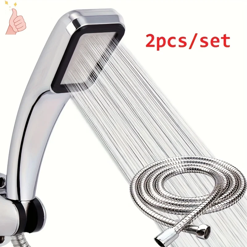 

300 hole high-pressure shower head with hose - water-saving, wall mounted, chrome plated finish, square design, durable metal ho