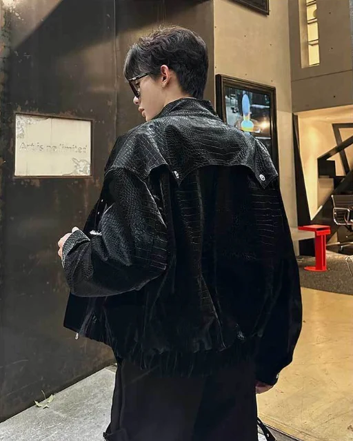 Couple Leather Jacket Splice Strap Unique High-end Crocodile Skin Texture Padded Shoulder Loose-fitting Outerwear Mens Bomber