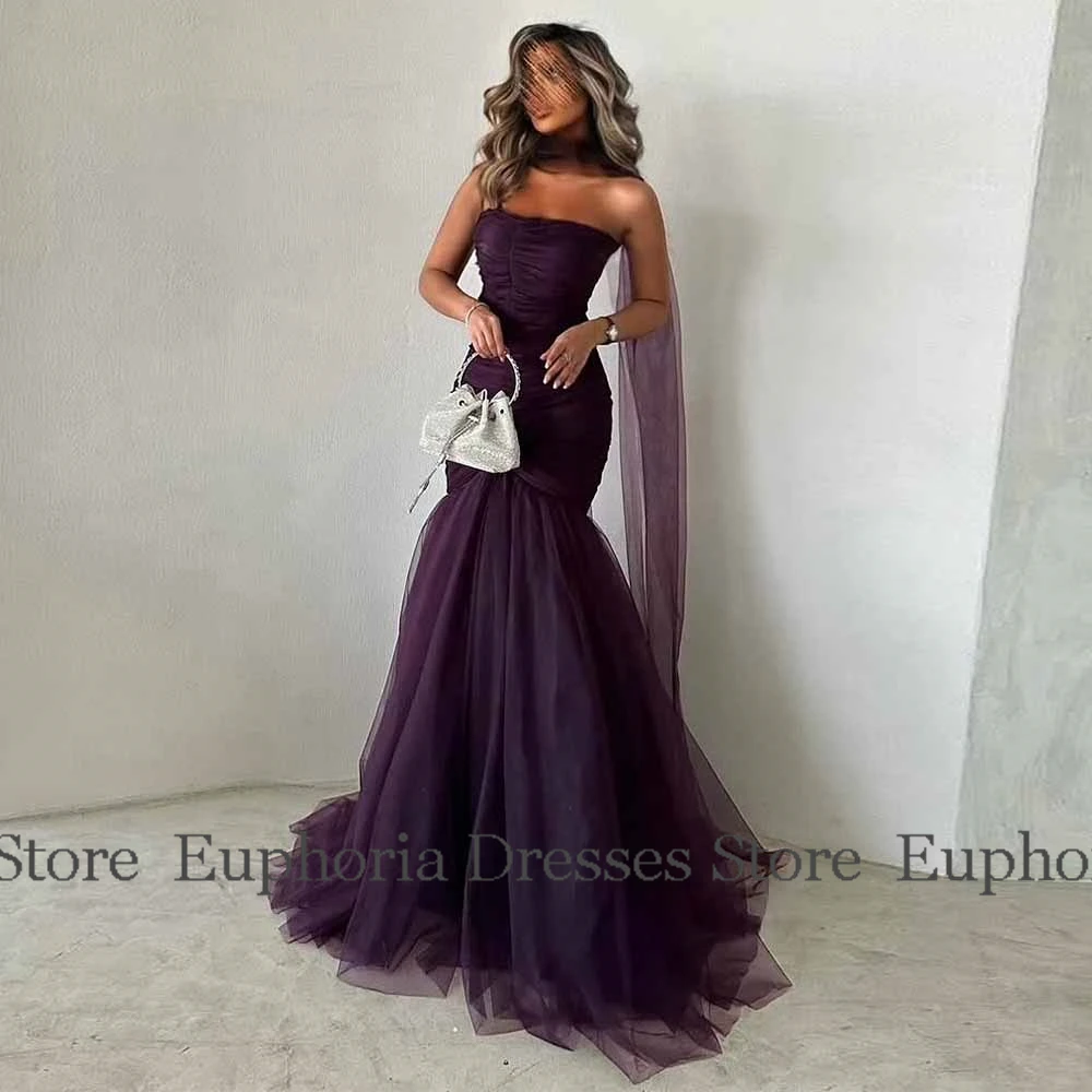 

Classy Special Occasion Dresses Tulle Mermaid/Trumpet Prom Dress Purple Strapless Pleat Ruched Shawl Birthday Party Dresses Long