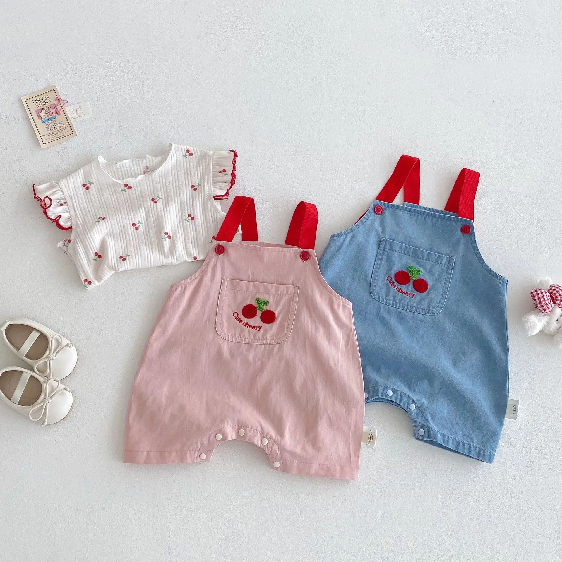 

Summer Baby Girl Outfit Set Cherry Embroidery Overalls & Ruffled Short Sleeve T-shirt Cotton Blend Loose Fit Casual Clothing