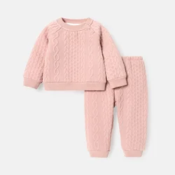 PatPat 2pcs Baby Boy Solid Color Cable Knit Textured Long-sleeve Sweatshirt and Elasticized Pants Set Soft and Comfortable