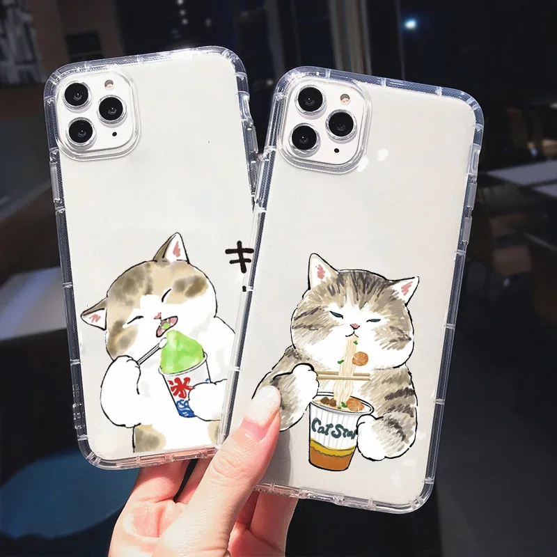 Funny Animal Cartoon Cute Cat Food Phone Case for iPhone 11 12 13 14 15 Pro Max 8 Plus Mini XS XR SE Transparent Soft Back Cover