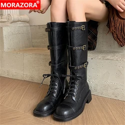 MORAZORA 2025 New Genuine Leather Boots Women Buckle Autumn Winter Knee High Boots Ladies Motorcycle Boots Size 34-40