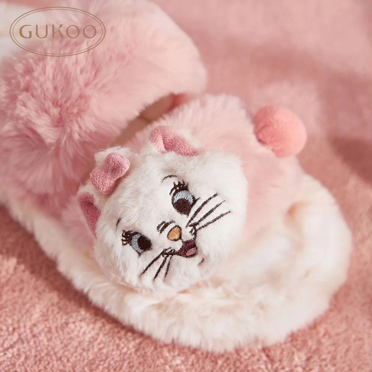 Disney Mary Cat Plush Slippers For Girls Women Kawaii Pink Shaggy Cotton Slippers For Home Outdoor Non-Slip Thick-Soled Sandals