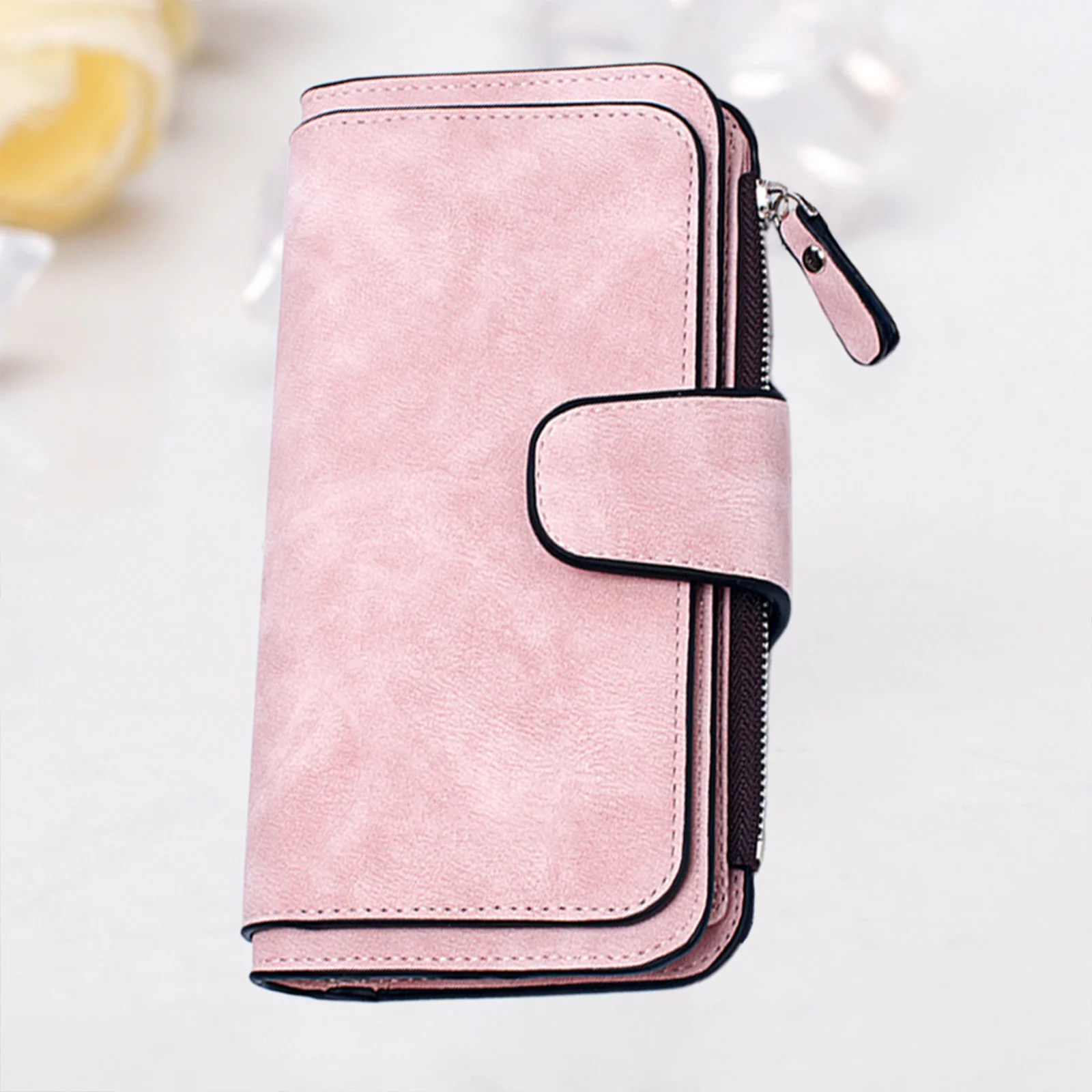 Portafoglio con chiusura a scatto per donna Portafoglio lungo in PU satinato con cinturino da polso Borsa con cerniera Pochette multitasche Uso quotidiano Rosa