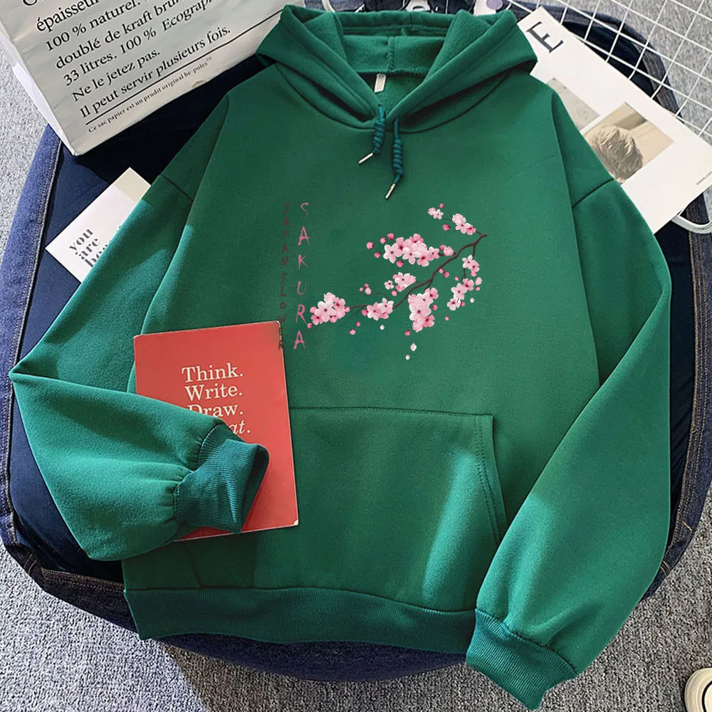 Japanese Blossom Sakura Printing Hoodies Female Casual Long Sleeve Sweatshirt with Pocket Women/Men Winter Comfortable Pullovers