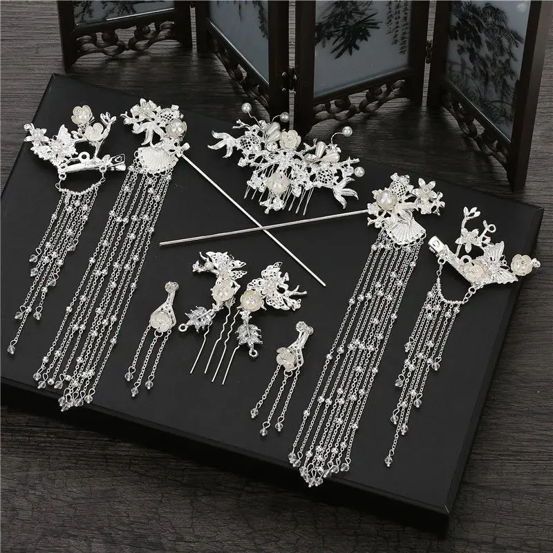 special white Chinese hair accessories women Headpiece Set Costume Tassel Step Shake wedding hair jewelry