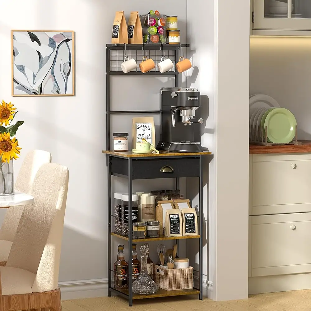 

5 Tier Coffee Bar Station With Drawer, Coffee Stand With 4 S-Shaped Hooks, Farmhouse Corner Coffee Bar Cabinet For Small