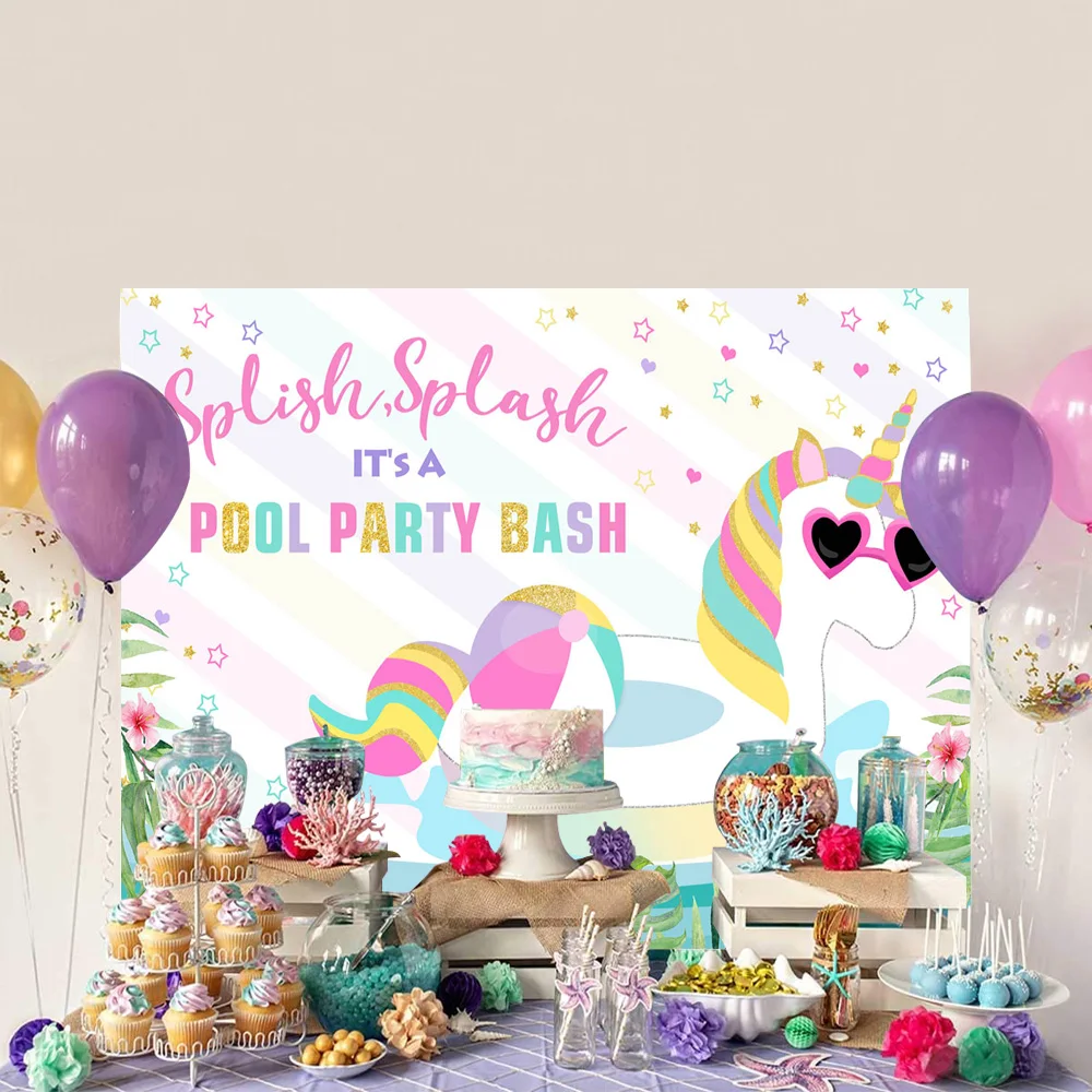 Mocsicka CUSTOM Splish Splash It's A Pool Party Bash Birthday Photography Background Unicorn Swimming Ring Decoration Backdrop