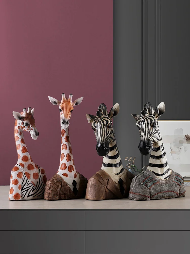 Resin Handicraft Ornaments Zebra Giraffe Simulation Animal Sculpture Statue Desktop Artwork Home Decoration Figures