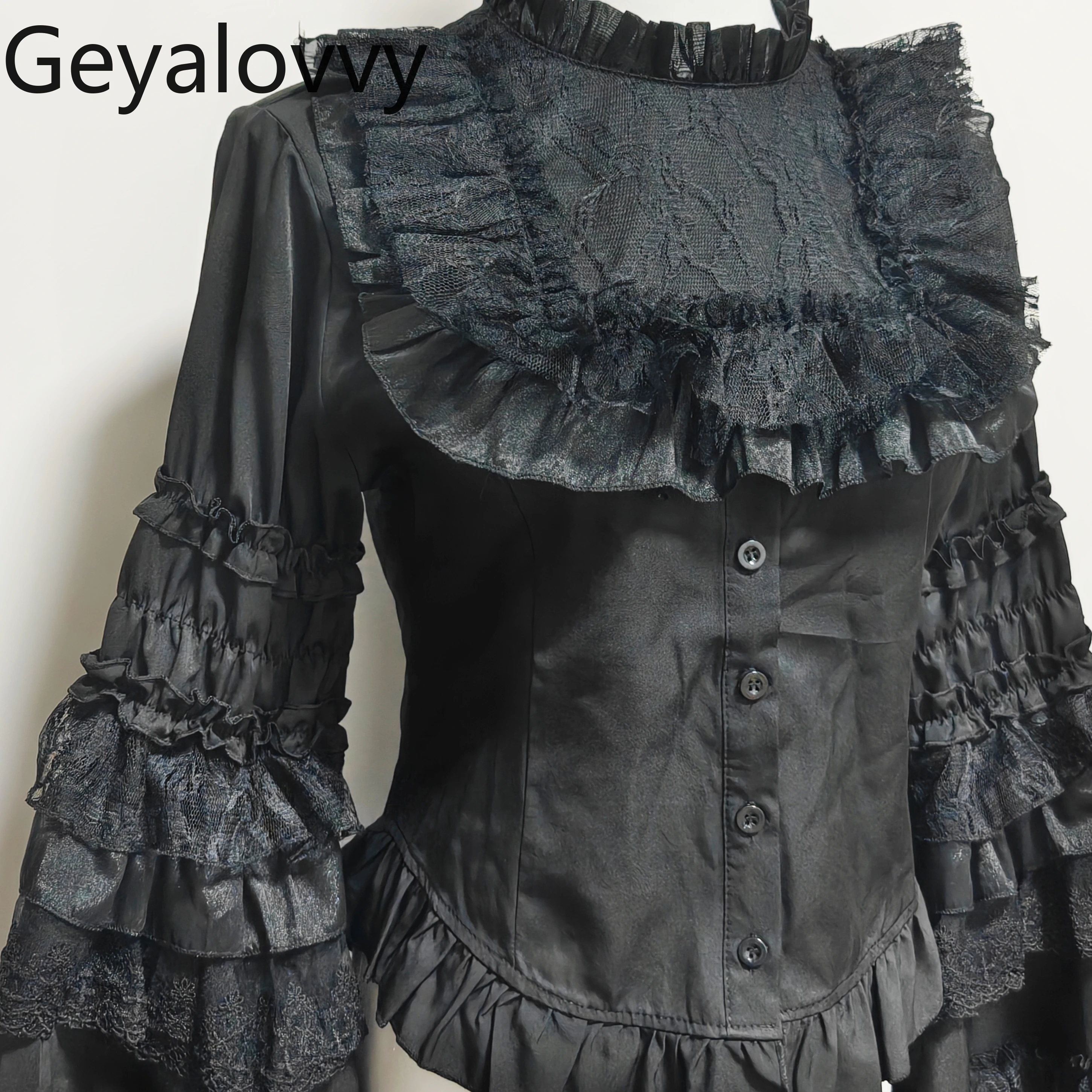 เสื้อสไตล์ยุค Y2K กอธิค ขาวดำ ลอลิต้า หรูหรา แนวเจ้าหญิง แต่งลูกไม้ แขนยาว สำหรับฤดูใบไม้ผลิและฤดูใบไม้ร่วง คอตั้ง สไตล์ลำลอง