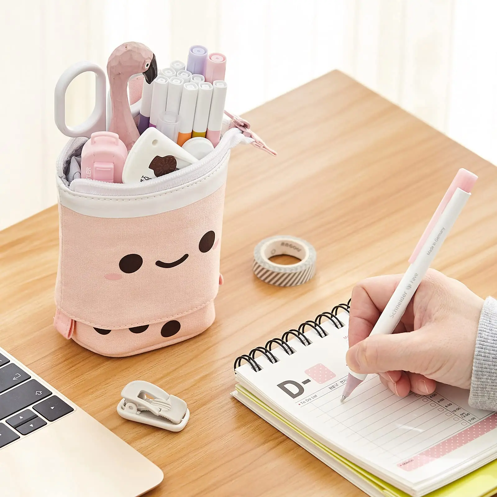 Standing Milk Tea Pencil Case Telescópico Pen Holder, Bolsa de papelaria, Pen Box for School Students, Material de escritório, Saco bonito