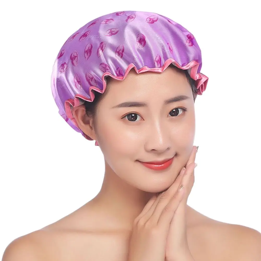 Creative Large Double Layers Thick Waterproof Shower Cap Reusable Printing Women Bath Hat Breathable Shower Hair Cover