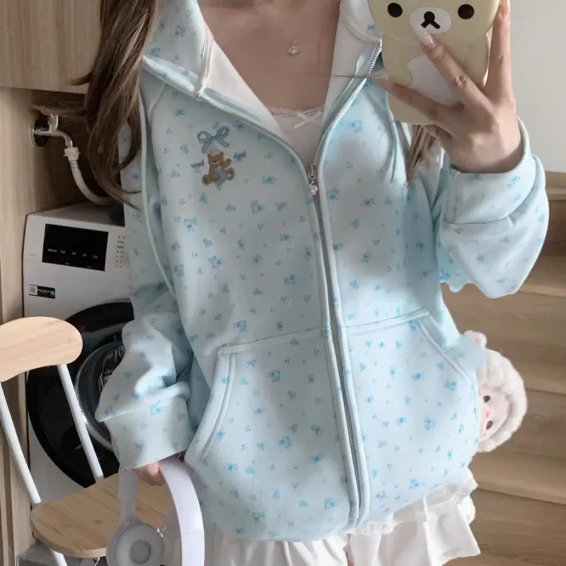 Japanese Cute Pink Floral Lace Hooded Sweatshirt 2025 Spring Autumn New Coat Women Y2k Loose Long Sleeve Zipper Tops Mujer