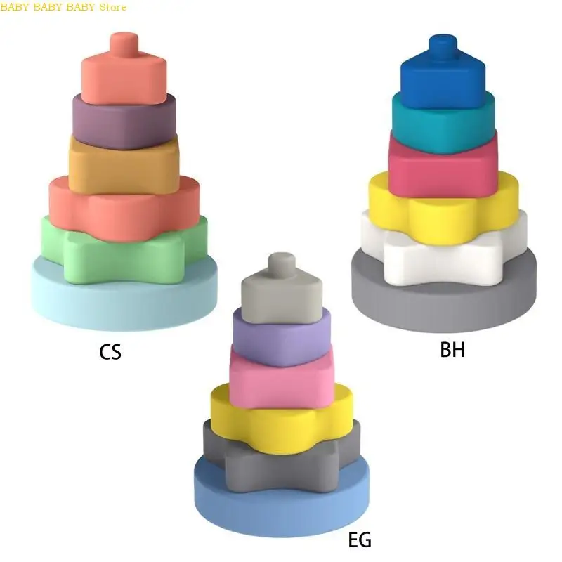 Q81A Tháp Stacking đầy màu sắc Khối đồ chơi Khối học Tumble Jumble Color nhận thức Squeezable Ring Tương tác Quà tặng cảm giác