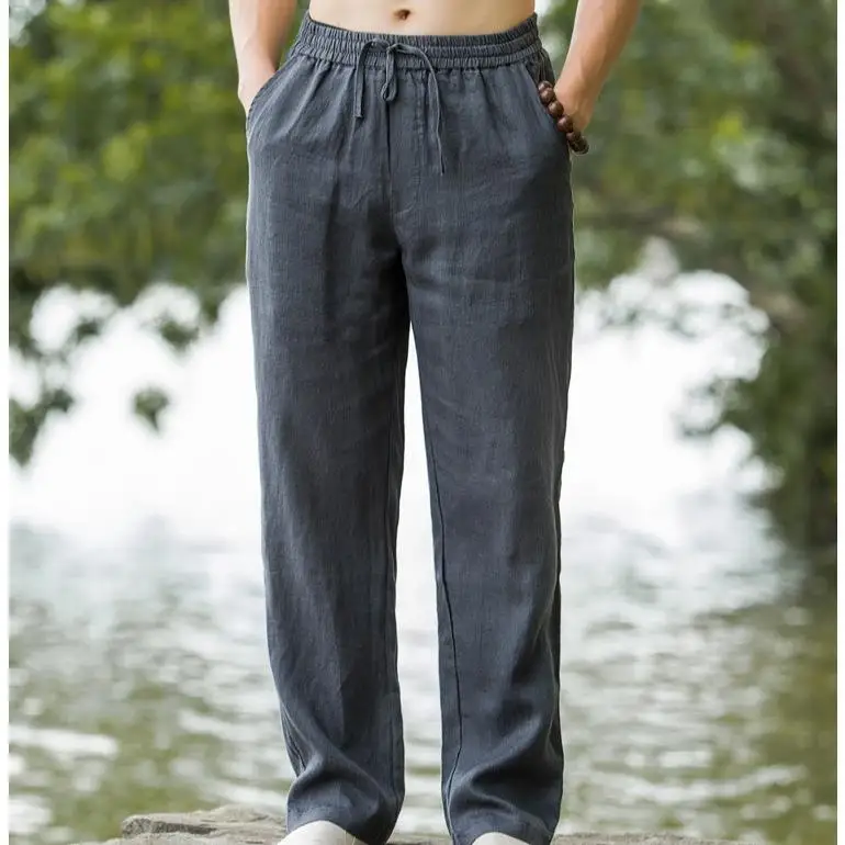 

Men's Cotton Linen Summer Thin Straight Leg Pants Casual Loose Fit Trousers with kets mid Waist Rope Closure Neutral