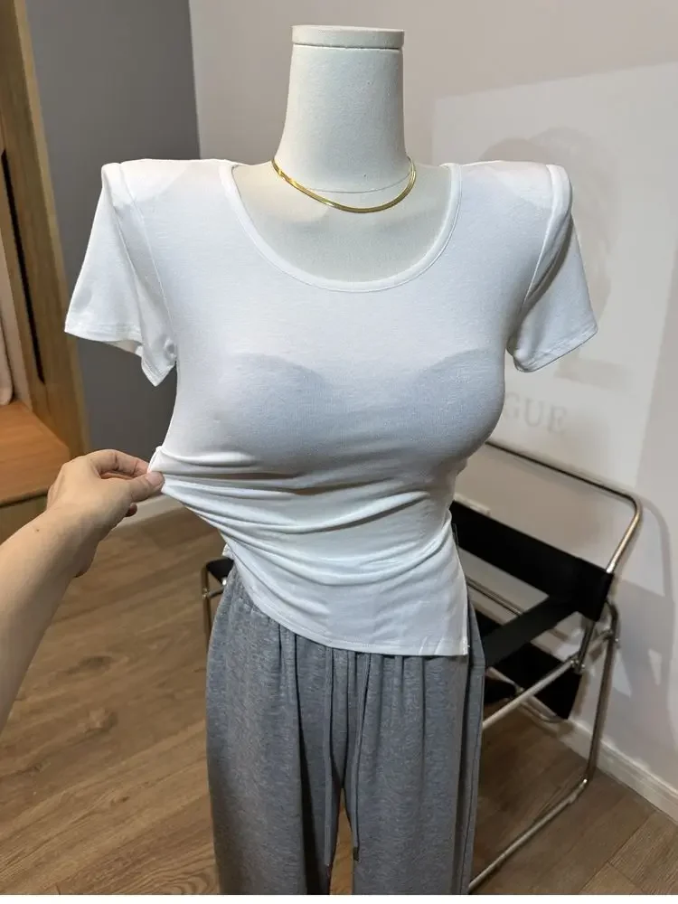 Wholesale Shoulder Pad Strecth Top Basic Slim T Shirts Summer Thin Base Top Irregular Hem Long Sleeve O Neck Solid Women T Shirt