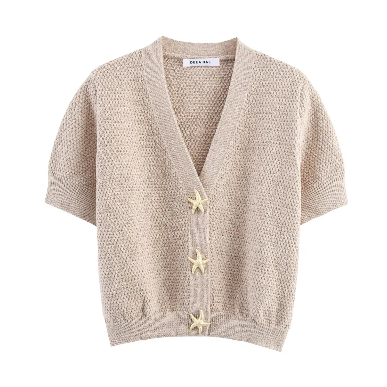 Women's Chic V-neck Crop Blouse Summer Fashion Thin Starfish Button Knitted Short Sleeve Elegant Cardigan Jacket for Females