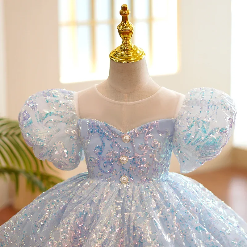 Kids Birthday Party Dresses for Little Girl Size 2 To 14 Years Prom Sequin Dress 2023 Luxury Gowns Sky Blue Evening Formal Frock