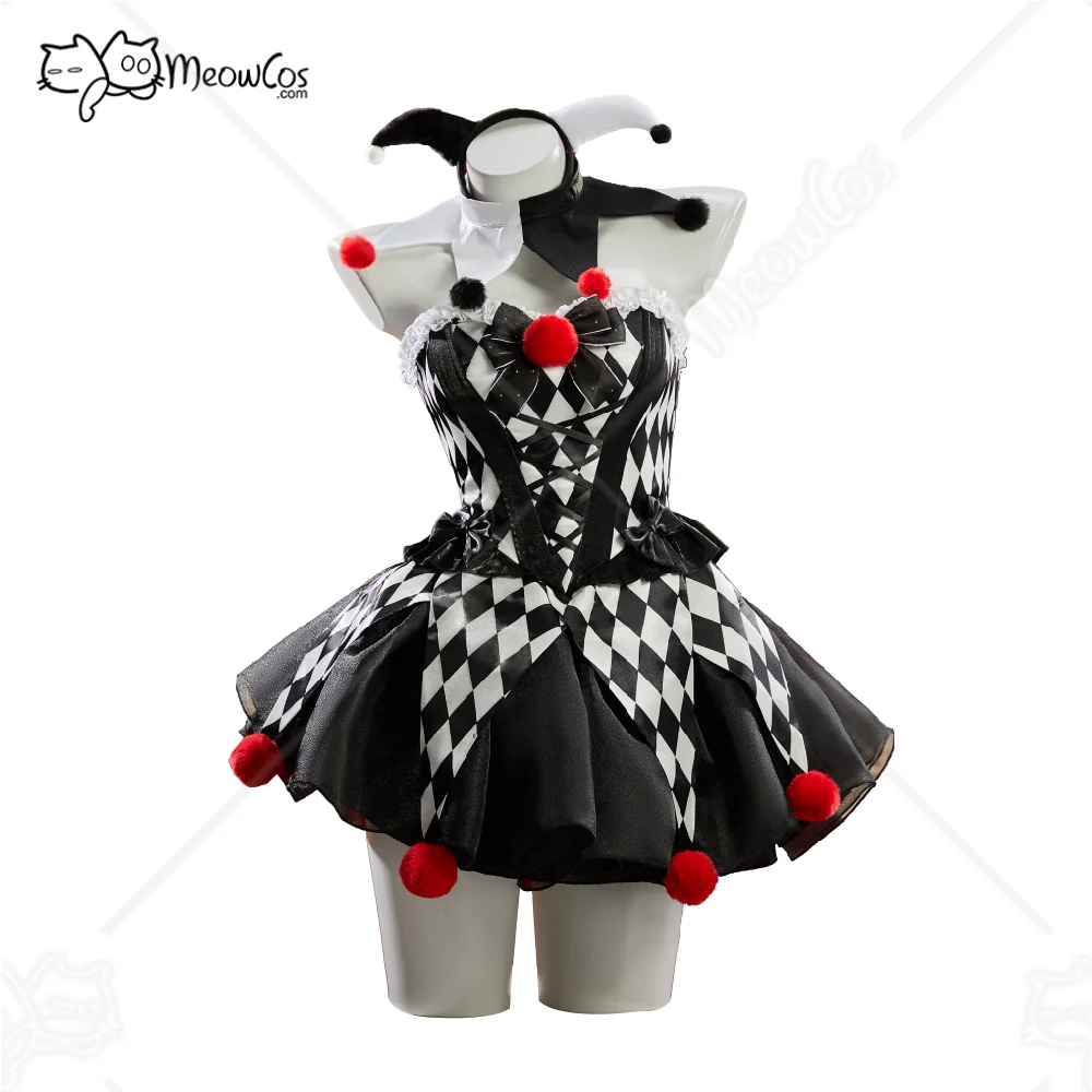 Meowcos.com Women's Moonlit Jester Gothic Plaid Clown Corset Skirt Set Black White Diamond Pattern Top and Puffy Skirt Halloween