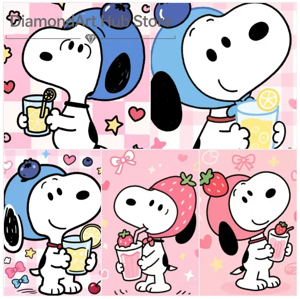 5D DIY Diamond Painting Cute Snoopy Peanuts Cartoon Art Set, Snoopy With Blue Decor, Star, Heart, Balloon And Bow On Pink