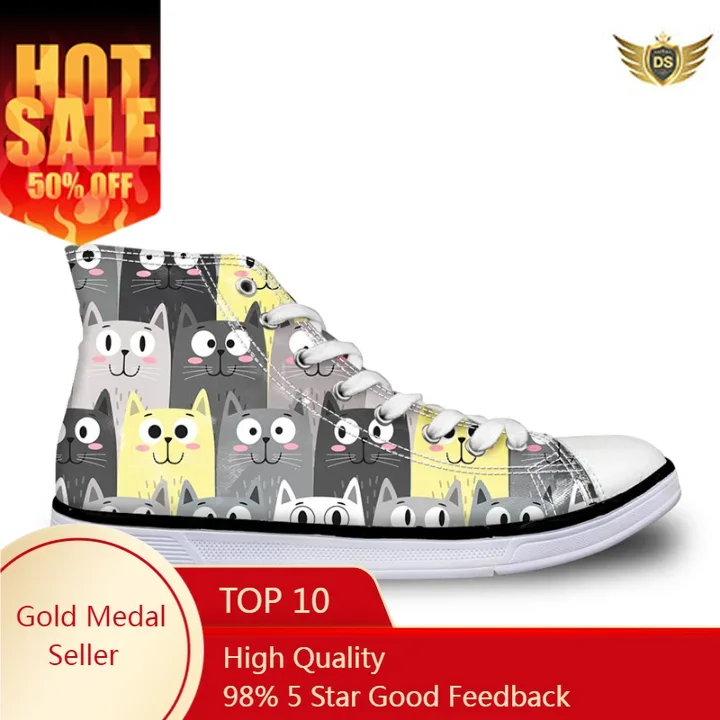 

Cute Cat Cartoon Women's Sneakers Woman High Top Lace-up Canvas Vulcanize Shoes For Ladies Student Girl Flats Zapaots