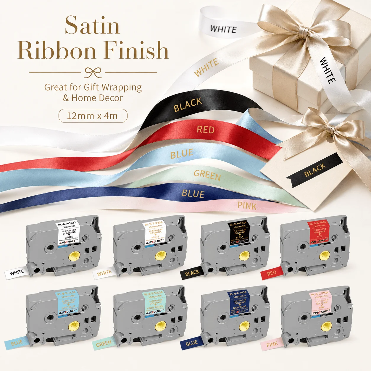 1 Pack 12mm x 4m Satin Ribbon Label Tape Compatible for Brother P-Touch Label Maker, Gift Wrapping Wedding DIY Crafts