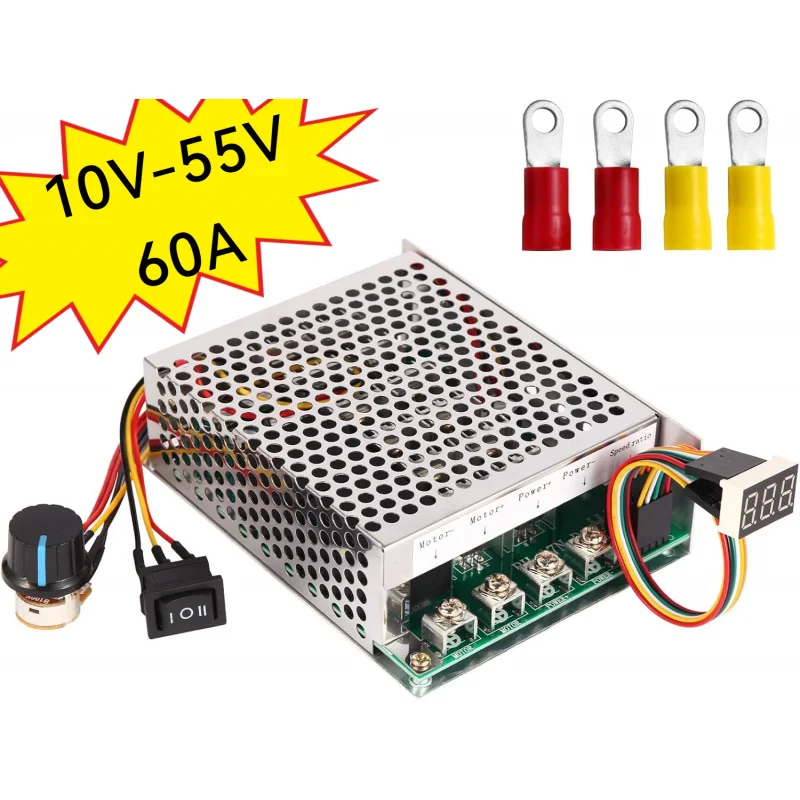 

PWM DC Motor Speed Controller 10V-55V 60A Rated 100A Max with LED Display, Stepless Speed Control Knob