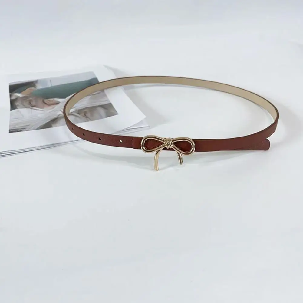 Cinto de arco elegante metal bowknot decorado cinto de imitação de couro feminino com furos ajustáveis cintura fina para roupas elegantes