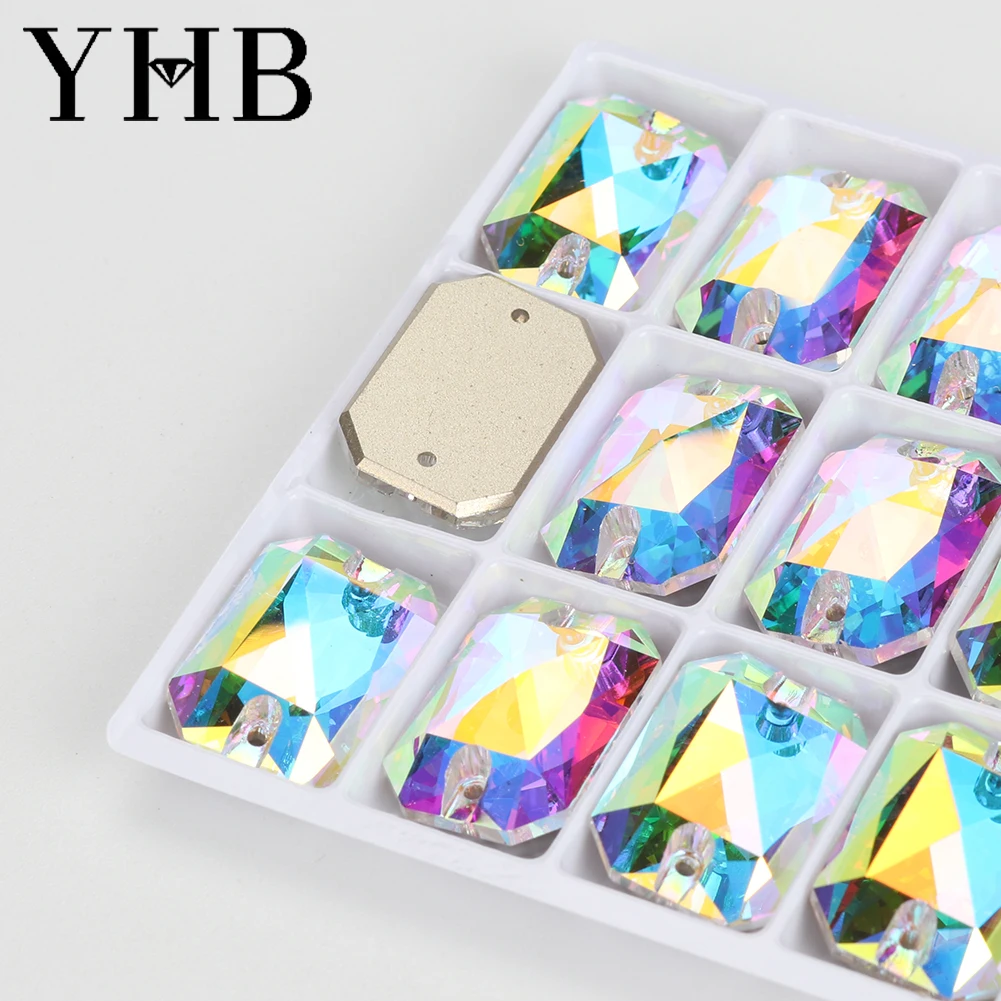 YHB Emerald Cut Glass Siam Aquamarine Crystal AB Sewing Stones Flatback Sew on Rhinestones For Garment Clothes Bags