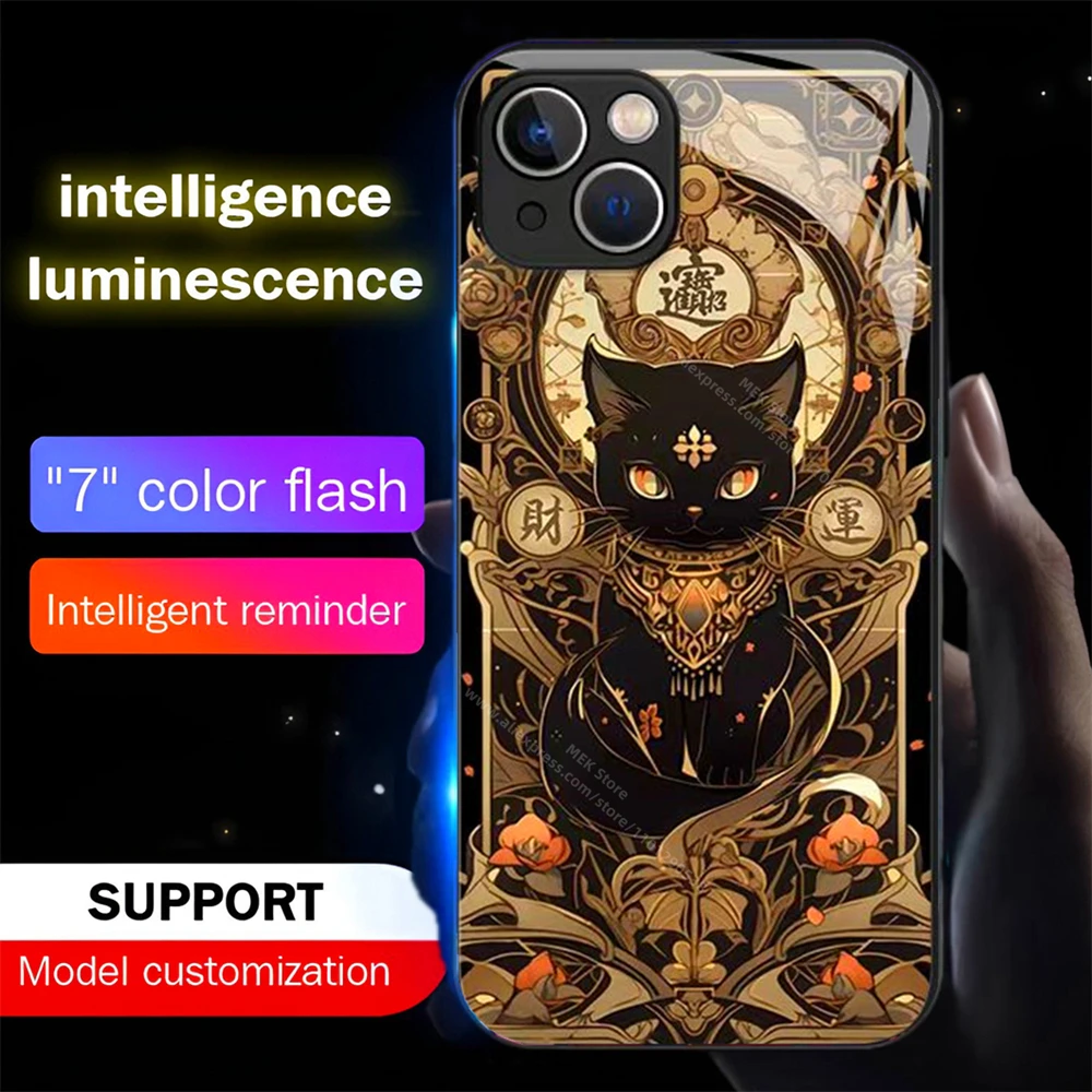 Casing ponsel pola kucing keberuntungan 2025, pelindung tahan guncangan kaca lampu LED, untuk iPhone 16 15 14 13 12 11 Pro Max XR XS Plus