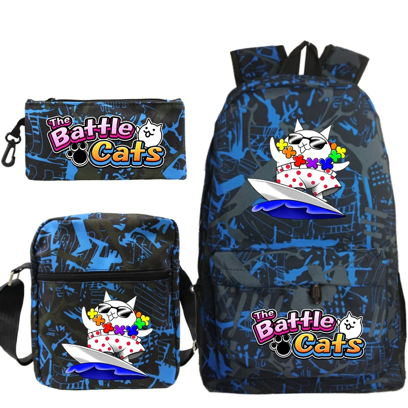 3pcs Set Nylon Backpack The Battle Cats Printing Cartoon School Bag for Boys Girls Kids Large Capacity Backpack Travel Book Bag