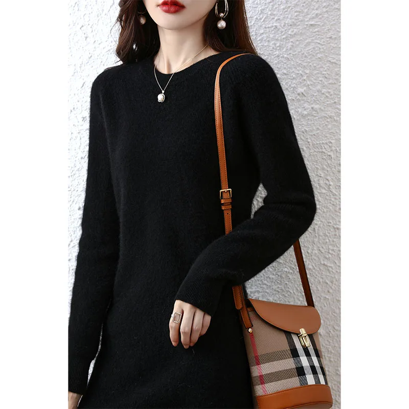 Dresses for Women\'s 2022 Fashion Sweater 100% Merino Wool Winter Ladies O-Neck Warm Knitted Dress Fall Female Casual Black Skirt